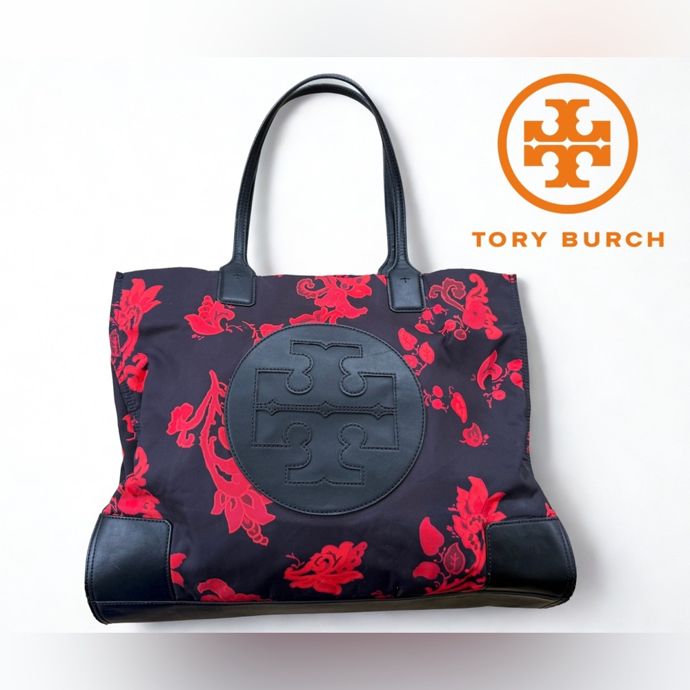 Tory Burch Black Tote with Red Floral Print